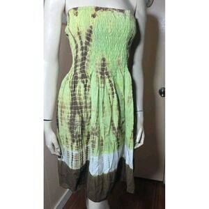 Strapless Dress Women's L Junior Y2K 90s Green Brown Tie Dye Festival Boho Fairy